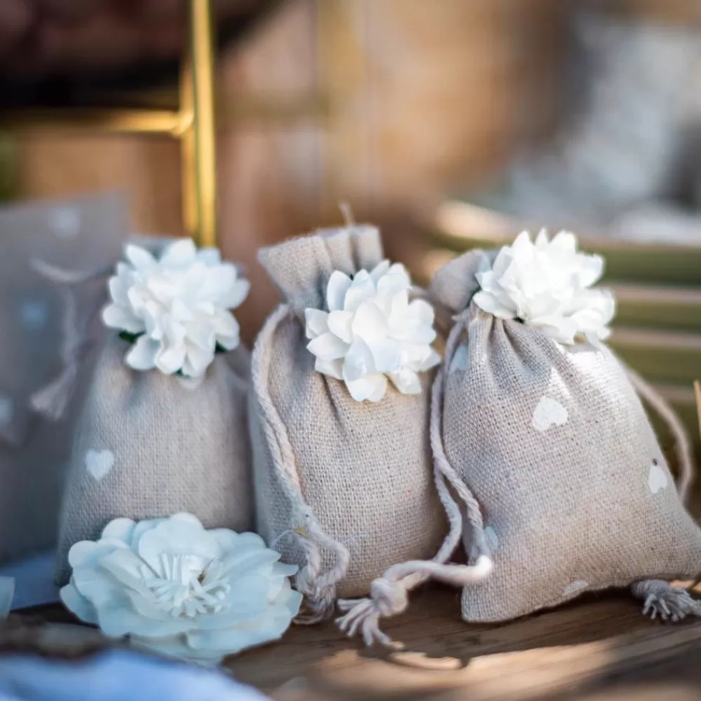 Clearance 5 White Heart Linen Pouches Gift Bags