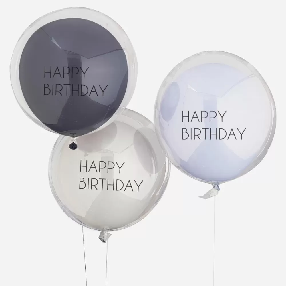 Hot Balloons: 3 Double Blue Happy Birthday Balloons Patterned Balloons