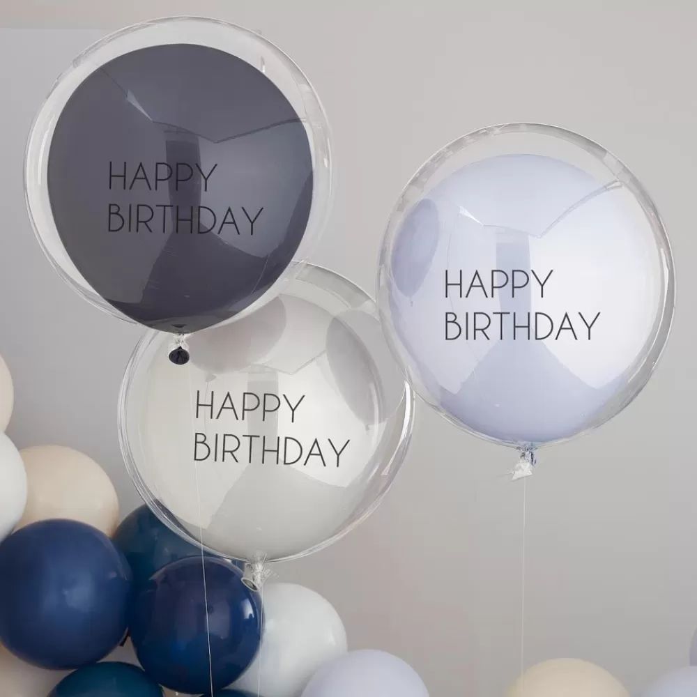 Hot Balloons: 3 Double Blue Happy Birthday Balloons Patterned Balloons