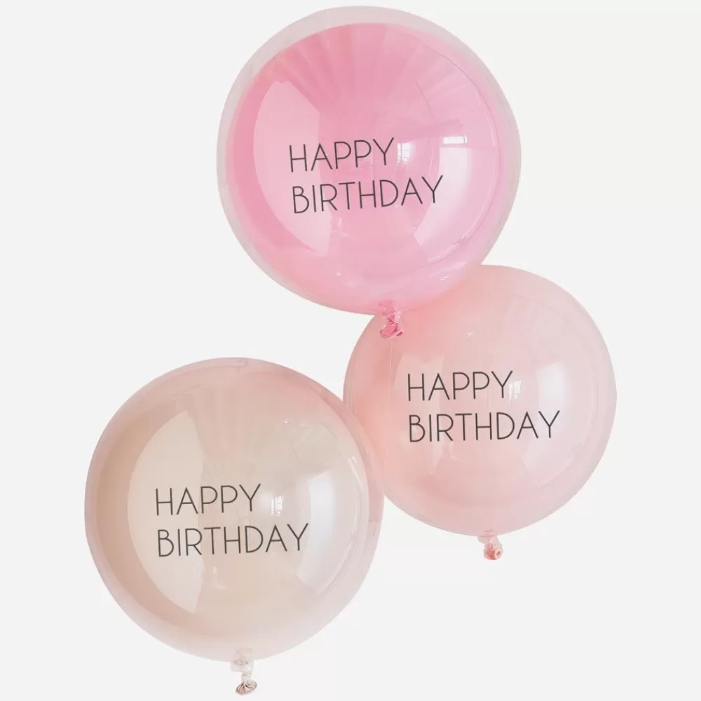 Clearance Balloons: 3 Double Pink Happy Birthday Balloons Patterned Balloons