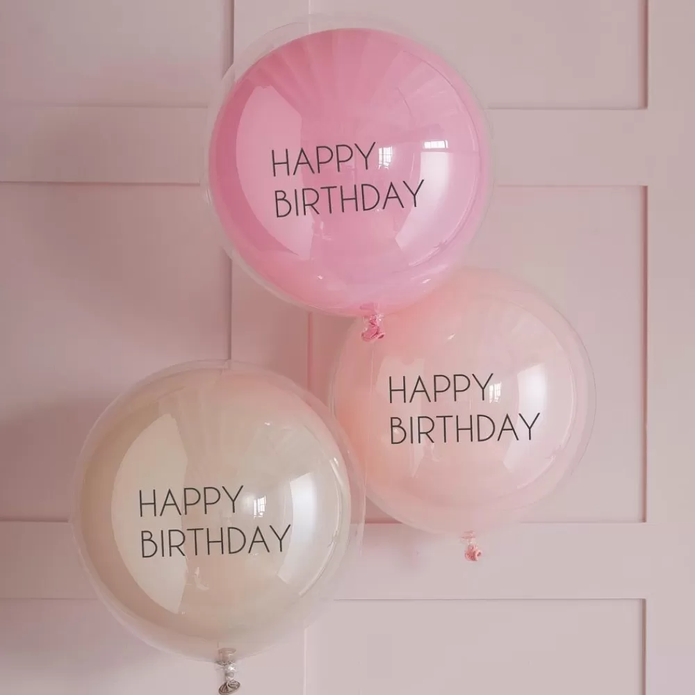 Clearance Balloons: 3 Double Pink Happy Birthday Balloons Patterned Balloons