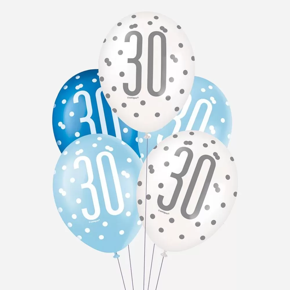 Clearance Balloons: 6 Blue 30Th Birthday Balloons Patterned Balloons