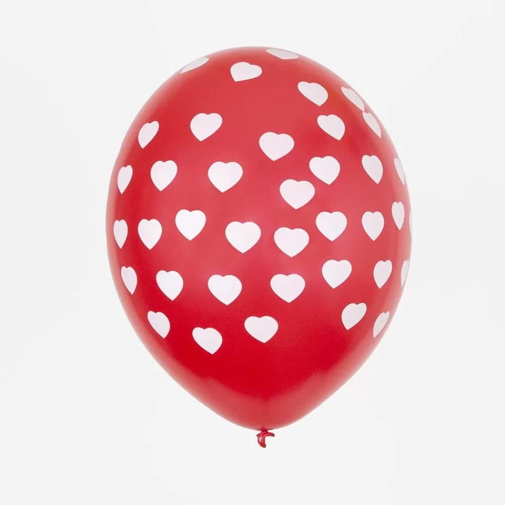 Clearance Balloons: 6 Red Balloons With White Hearts Patterned Balloons