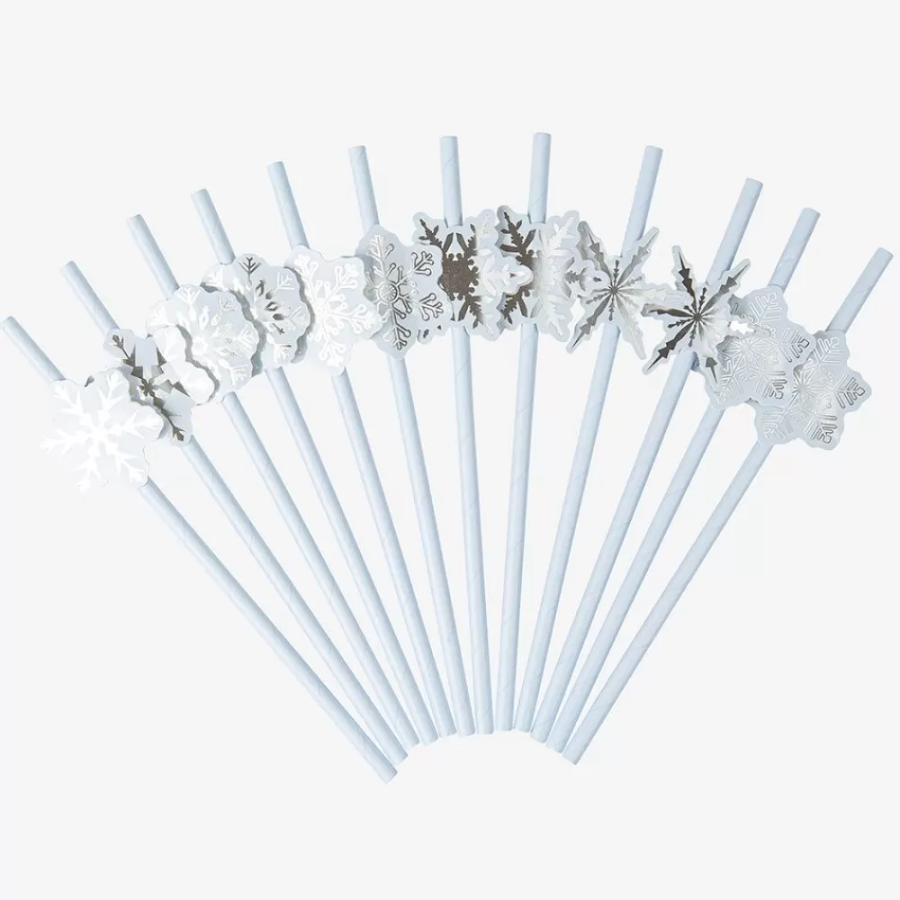 Fashion Cardboard Straw: 12 Ice Blue Snowflake Straws Straws