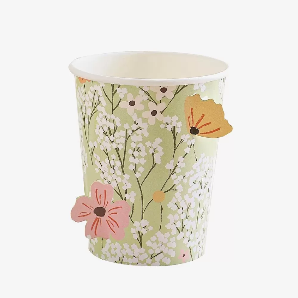 Clearance Gobelet Carton : 8 Gobelets Verts Fleurs Blanches Cups