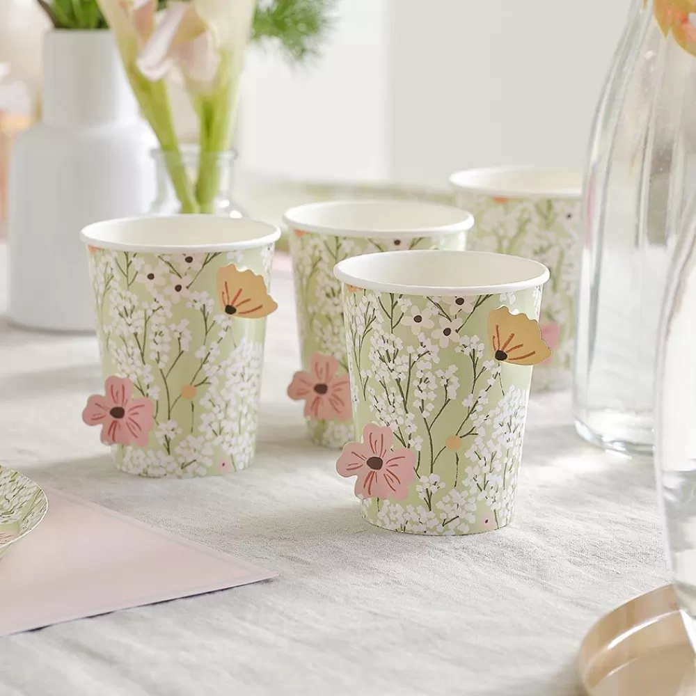 Clearance Gobelet Carton : 8 Gobelets Verts Fleurs Blanches Cups