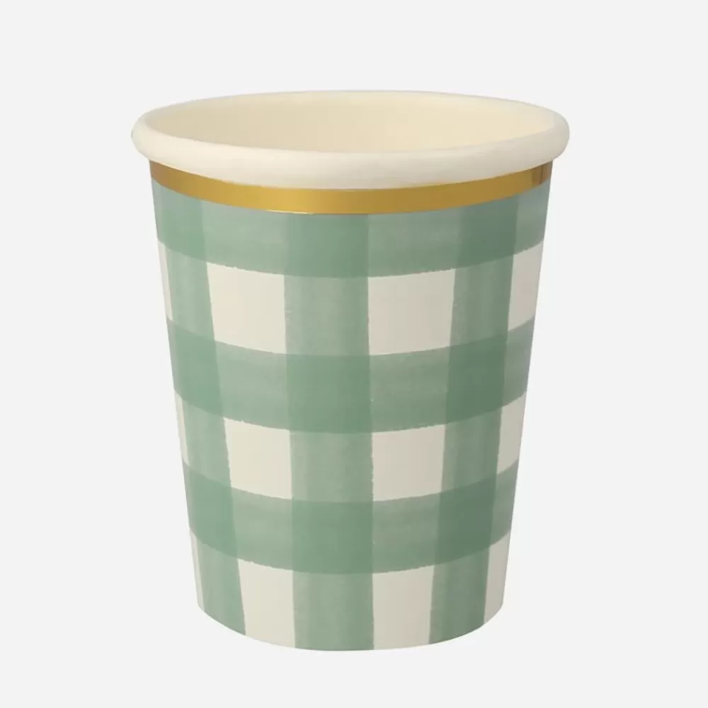 Online Paper Cup: 8 Green Gingham Cups Cups