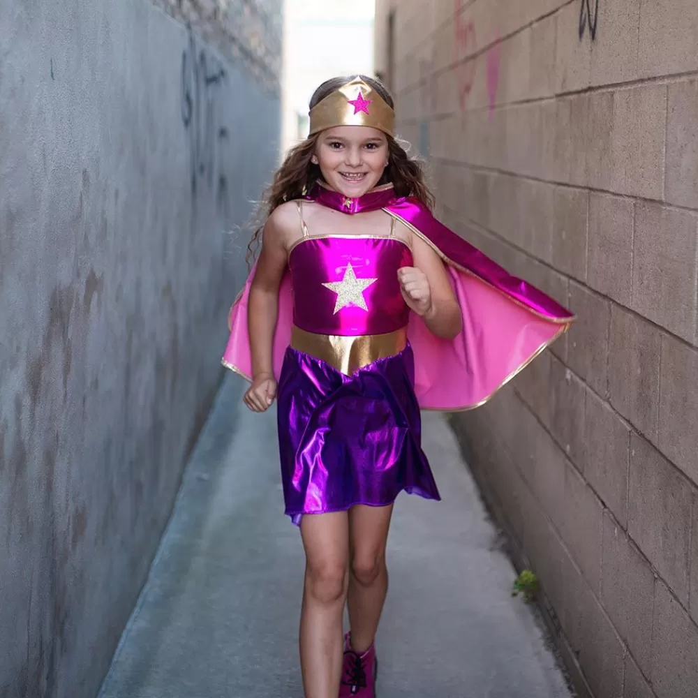 Clearance Superheroine Costume: Pink & Purple Dress, Cape And Headband Costumes