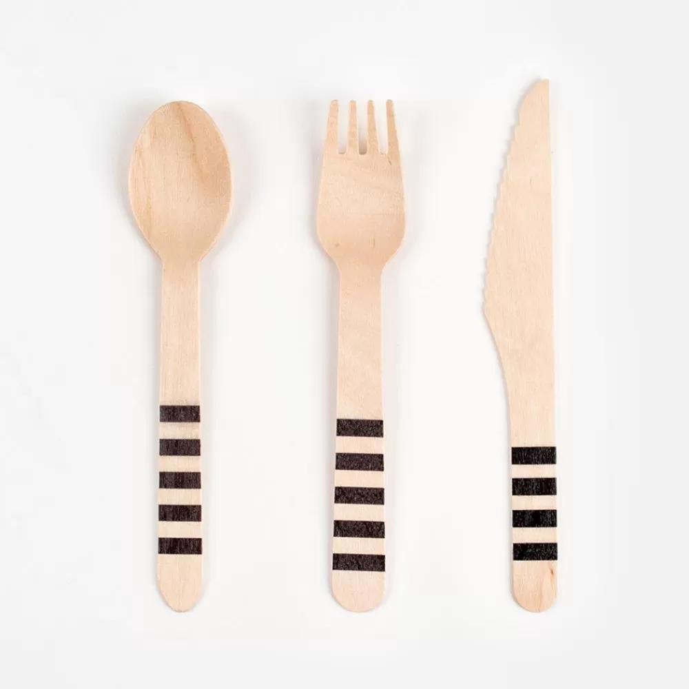 Fashion Wooden Cutlery: 24 Black Striped Cutlery Covered